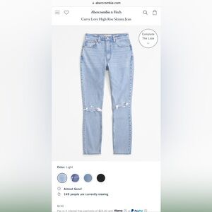 Abercrombie The Skinny Jeans, Curve Love, Size 27R. Light color. NWT